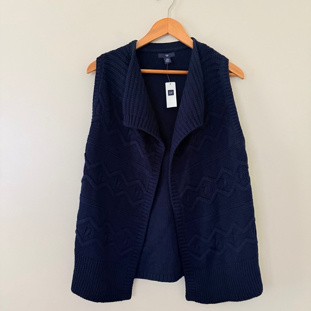 GAP Vest Cable XS Tapestry Navy Open Front Knit Sleeveless Cardigan Sweater